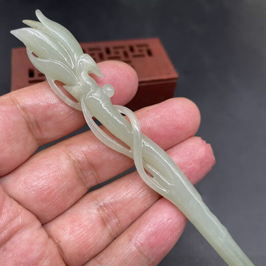 Meng Junchen Hetian jade blue and white jade headdress hairpin flower blooming wealth jade hairpin Hanfu hollow flower birthday gift flower carving hollow hairpin