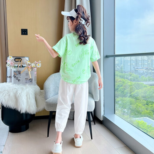 Mipaika cute children's clothing girls suit summer new style children's short-sleeved medium and large children's girl nine-point pants summer style two-piece suit green 140 size recommended height 130-140 cm