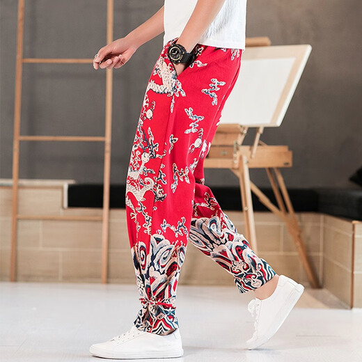 Sr. Guan Estilo chino Lino impreso Lo suelto Harem Harem Harem Retro Algodón Retro Algodón Summer Estilo delgado Mascas informales Long 319 Borgoña XL