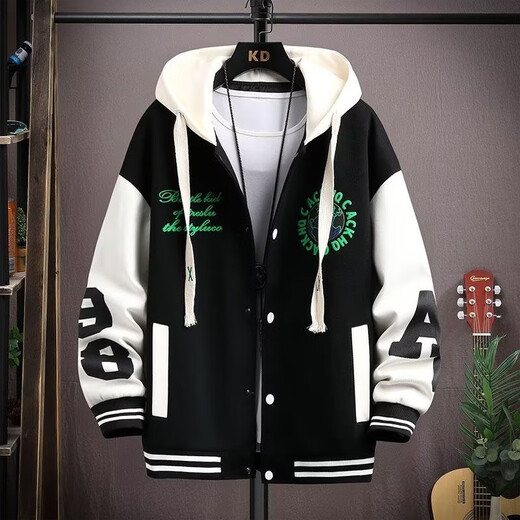 Gangti Bay Jacket Men's Baseball Jacket Men's Velvet Thickened Hooded Jacket Autumn and Winter Sports Trendy Handsome Teen Clothes Black (Earth) XL 120-140Jin Jin is equal to about 0.5 kg