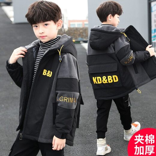 Children's clothing, boys' autumn and winter jackets, 2020 new style, medium and large children's boys' winter velvet thickened cotton-padded clothes, trendy children's black 160 size <recommended height around 150-155>