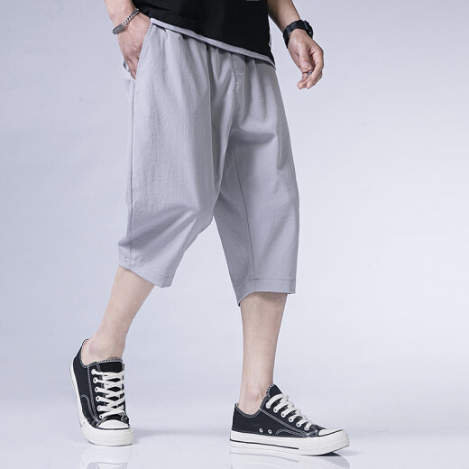 FORTEI shorts men's three-quarter pants summer casual sports Korean style trendy loose cotton and linen mid-pants outer casual pants jm8602 light gray XL