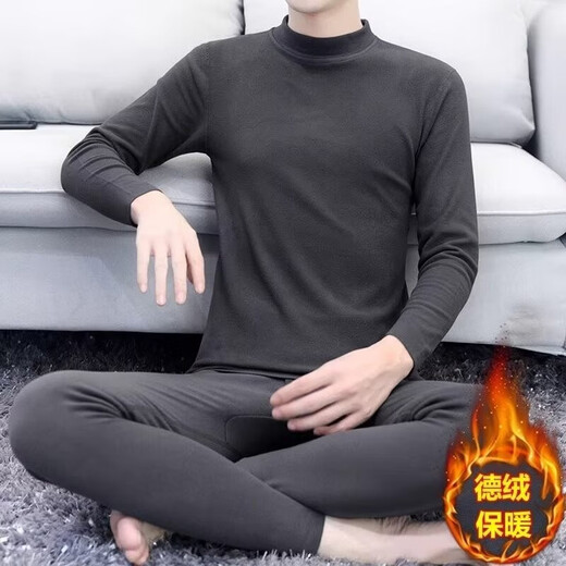 Changdeng Thermal Underwear Set Mid-collar Autumn and Winter Men's Seamless Half-Tall Collar Constant Temperature Inner Bottoming Shirt Autumn Clothes and Autumn Pants Men's Black XL
