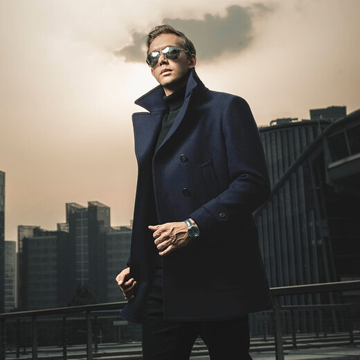 Longya New American Navy Wool Coat Men's Mid-Length Winter Business Casual Windproof Wool Jacket Dark Ink Blue M