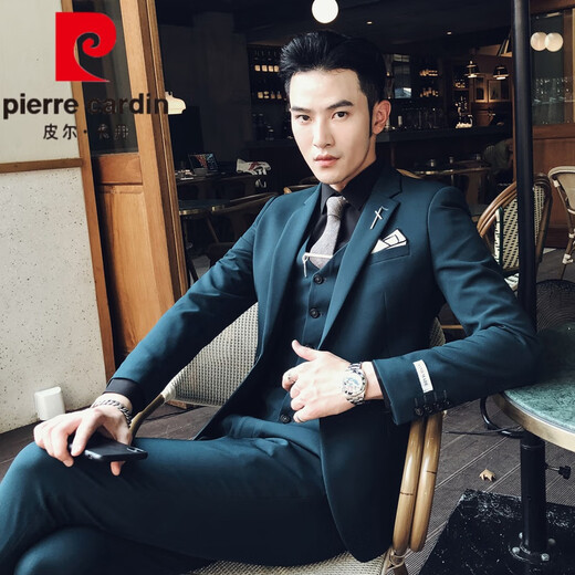 Pierre Cardin formal suit for men, a set of dark green suits for men, 2025 new spring and autumn slim-fitting Korean style business suits, three pieces, navy suit + vest + trousers L