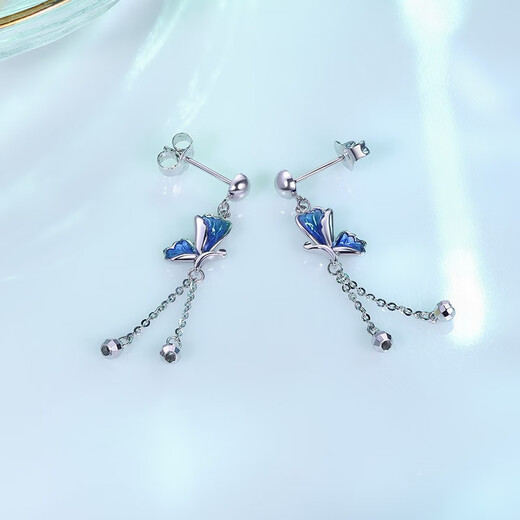 ZLF (ZLF) PT950 platinum earrings for women, elegant and smart blue enamel butterfly tassel earrings 4.12g
