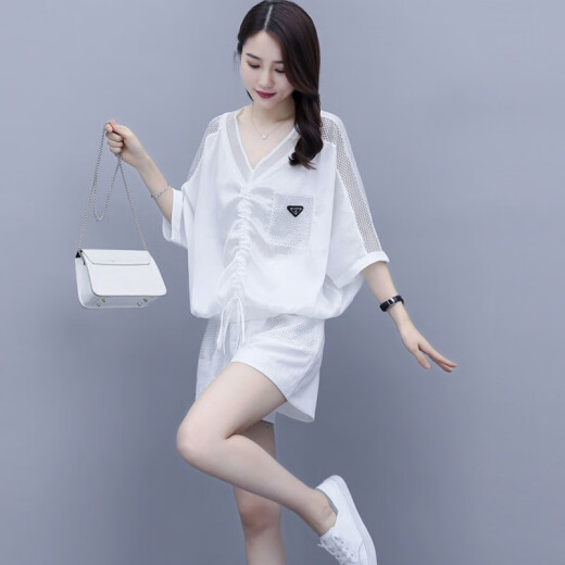 Ye Zifeng Suit Women's 2020 Summer New Hollow Splicing Shorts Korean Style Fashion Casual Versatile Suit Pants Two-piece Set Women's White M
