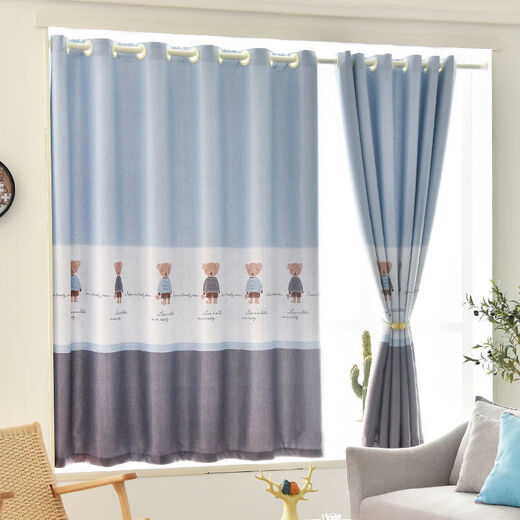 Jiazhilu curtain finished product is simple and modern small short curtain bay window living room bedroom full blackout curtain fabric 2023 new sunshade bear-blue 4.0 meters wide * 2.0 meters high one piece hook style