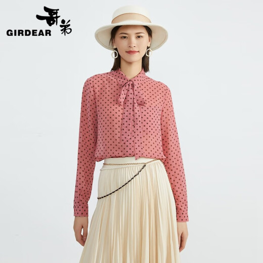 GIRDEAR GIRDEAR women's new retro polka dot lace-up chiffon shirt women's commuting all-match shirt 8300120 pink polka dot M (size 3)
