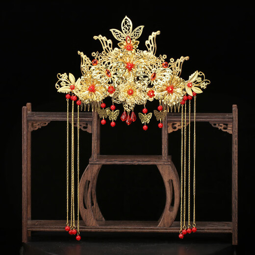 Meng Junchen bride's Chinese-style ancient hair accessories set golden phoenix crown butterfly tassel domineering palace headdress Xiuhe clothing accessories phoenix crown
