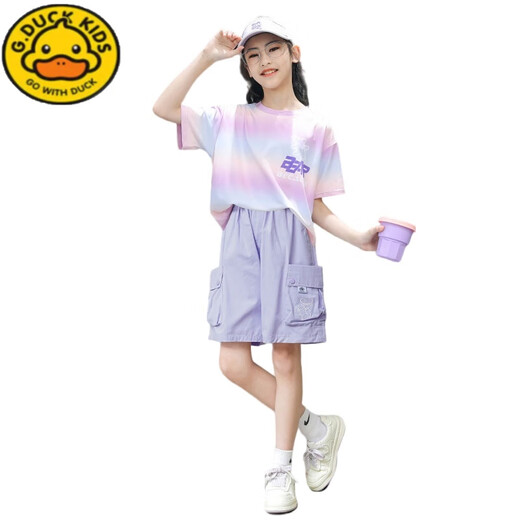 G.DUCKKIDS Little Yellow Duck Girl Short Sleeve Set Summer Thin Children 2025 New Quick-Drying Sportswear Children's Clothing Two-Piece Set Summer 9922 White + 18442 Purple 120 cm