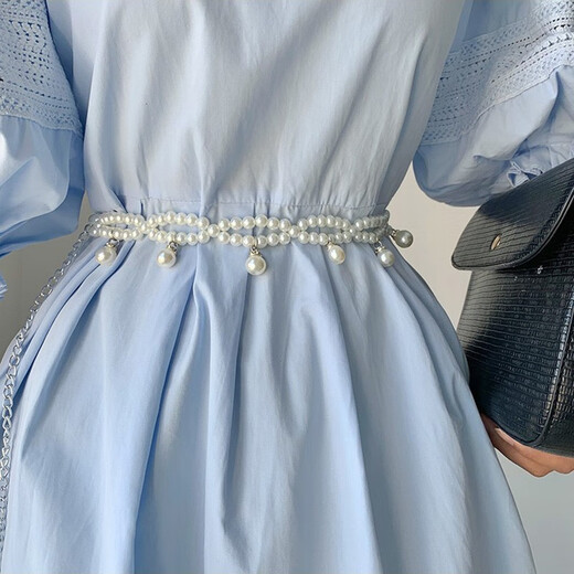 QBILY Waist Chain Artificial Pearl Autumn and Winter Dress Belt Women's Dress with Skirt Decorative Waist Chain Waistband for Women Double Layer Artificial Pearl Necklace Waist Chain - White