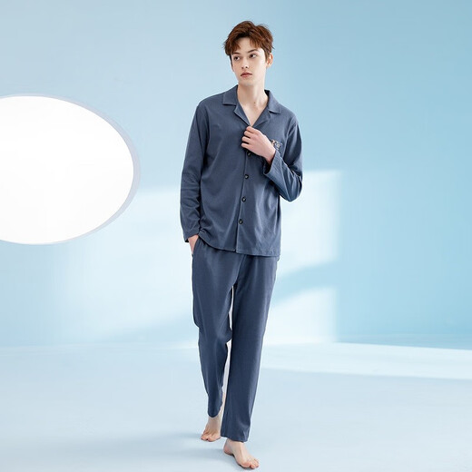 Fenton Pajamas Pure Cotton Season Casual Simple Can Be Weared Cardigan Long Sleeve Home Clothes Set Dark Gray Blue (Male) 2XL