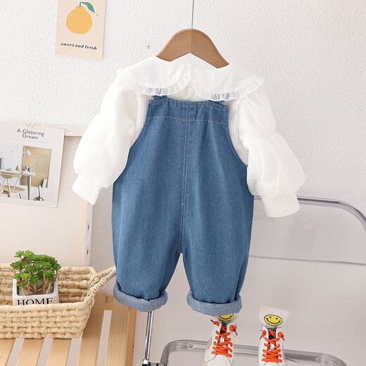 Kexin baby girl baby clothes spring and autumn 2023 new style fashionable girls overalls two-piece children's suit autumn clothes blue size 90 recommended for 1-2 years old (height around 85)