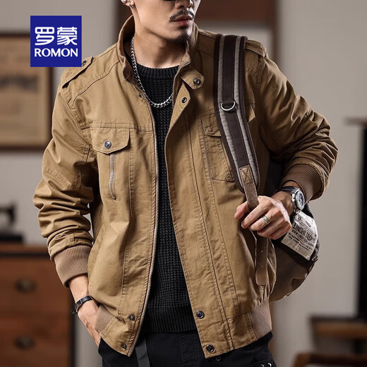 ROMON jacket American heavy work jacket men's spring and autumn loose trendy brand retro casual handsome men's motorcycle cotton khaki XL (140-155Jin Jin equals 0.5 kg)