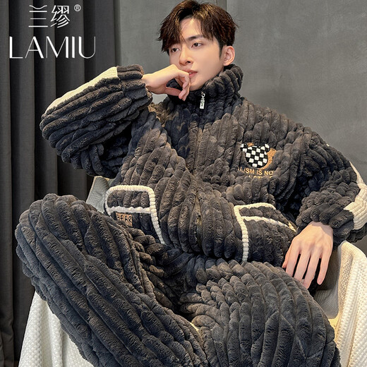 兰缪秋冬季珊瑚绒睡衣男款冬天加绒加厚三层夹棉法兰绒男士超厚家居服 (BBA)夹棉男G679【现货】 XL 码身高175左右体重130-150斤