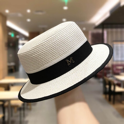 Woodpecker brand Korean flat-top small-brimmed straw hat for women summer sun protection straw hat Internet celebrity summer fashion British hat Khaki M short-brimmed flat-top straw M (56-58cm)