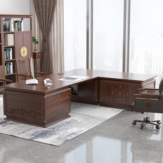 KOQUMGE New Chinese-style solid wood boss desk and chair combination, high-end and elegant executive desk, home office furniture, computer desk, 2.0-meter office desk (including side table)