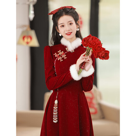 Lanka Roni Cheongsam Toast Wear Bride 2025 New Burgundy Winter Wedding Dress Women's Chinese Style Thick Style Engagement gs768 Burgundy Long Style M