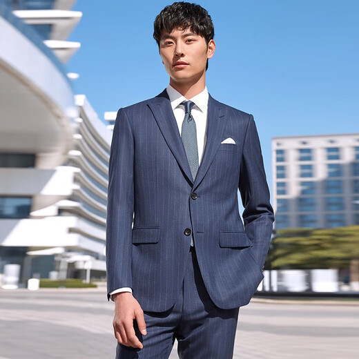 Angel Bird Suit Men's Suit Australian Sheep Wool Light Business Formal Fashion Work Suit Pants Suit Navy Blue Stripe-Slim Fit-Double Open 52 B(185/108) /Please note waist or trousers