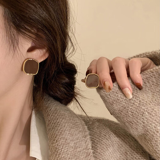 Youfang dripping glazed square earrings 2025 new trendy simple cold style retro temperament unique niche high-end earrings gold one pair