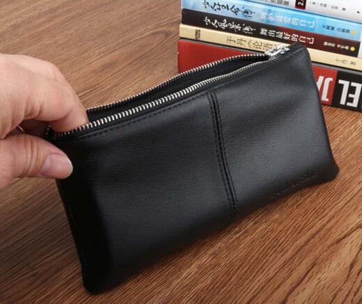 BARNOROO long genuine leather men's wallet zipper wallet mobile phone bag youth wallet trendy clutch bag small clutch cowhide men's black