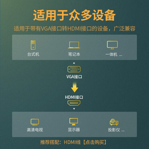 绿联 VGA转HDMI线转换器带音频接口 高清视频转接头适用台式机笔记本机顶盒连多媒体显示器40264