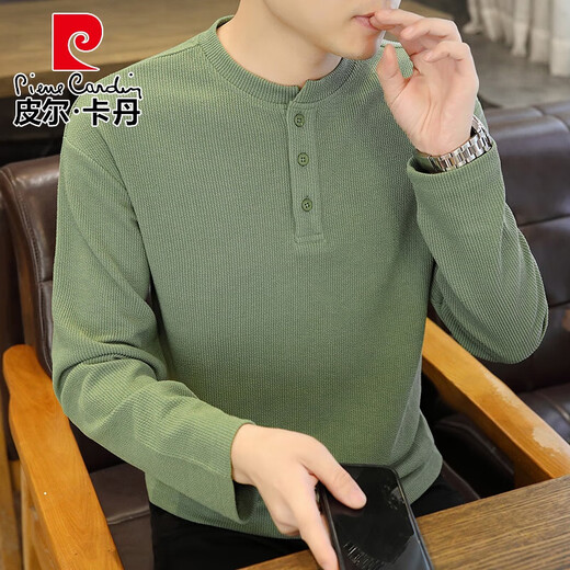Pierre Cardin bottoming shirt men's spring and autumn trendy Henry collar polo bottoming shirt long-sleeved T-shirt versatile trendy brand knitted inner wear 423 gray apricot M