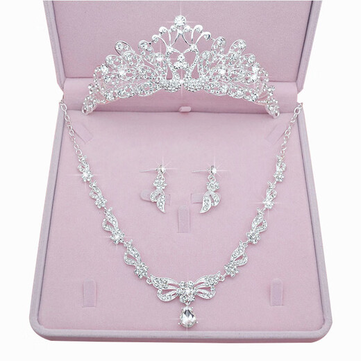 Baoxiayue 2025 Bridal Crown Tiara Three-piece Set Accessories Wedding Fairy Rhinestone Tiara Necklace Wedding Fairy Hair Accessories F Style Three-piece Set Earrings Gift Box