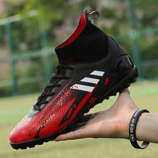 High-top football shoes, mandarin duck color long nails, comfortable foot-wrapping, breathable AG nail training sneakers, TF soles, soft soles for children, students, adults, universal four-season models 518 black and red nails 41