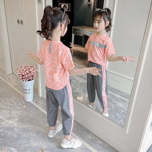 Haolia Children's Clothing Girls Suit Summer Clothes Children's Summer Two-piece Sports Sports 4-12 Years Old Medium and Large Children's Clothes Girls Korean Style Clothes Technology Style Suit Pink 150 Sizes (Wear About 145cm)