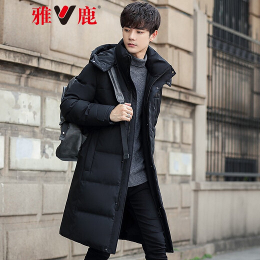 Yalu down jacket men's mid-length over the knee new style removable hat men's black business thickened jacket LC black 170/M