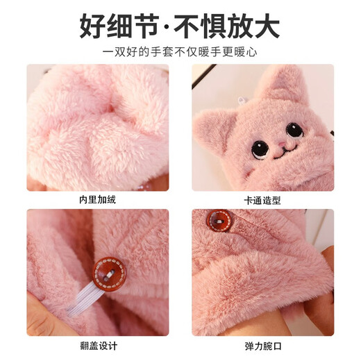 Demi Anissa Gloves Women's Winter Cute Plush Kitten Girly Style Korean Style Versatile Student Fingerless Gloves Dual-Purpose Autumn and Winter Thickened Warm Cartoon Flip Half Finger Gloves Cat White Flip Style