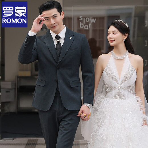 ROMON Wool Suit Suit Men's Business Casual Suit Men's Wedding Groom Groomsman Dress Professional Formal Jacket Single-breasted Dark Gray Three-piece Set Free Tie XL