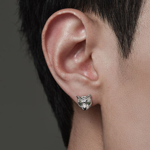 Mingyang Decorative Sea 925 Silver Full Diamond Tiger Earrings Men's Single Earrings Trendy Original Personality Light Luxury Fashion Versatile Earrings Pair