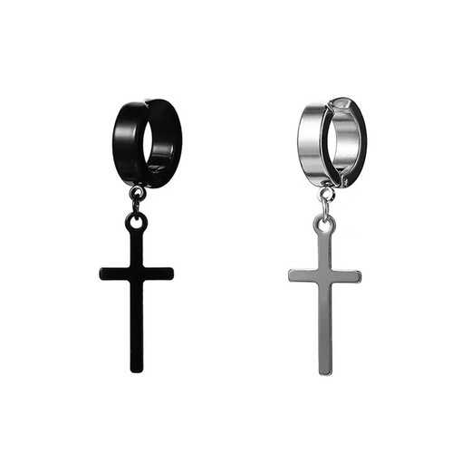 Core luxury cross ear clips for men, trendy American style, cool and handsome boys' earrings, no punching, no piercings, fake earrings, trendy men's ear jewelry, a pair of silver ear clips