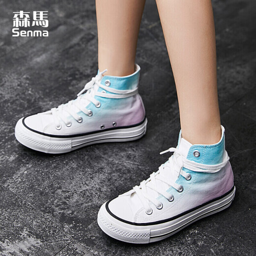Senma canvas shoes high-top sports Korean style student trend Hong Kong style gradient casual shoes women's shoes 329311413 white blue 38 size