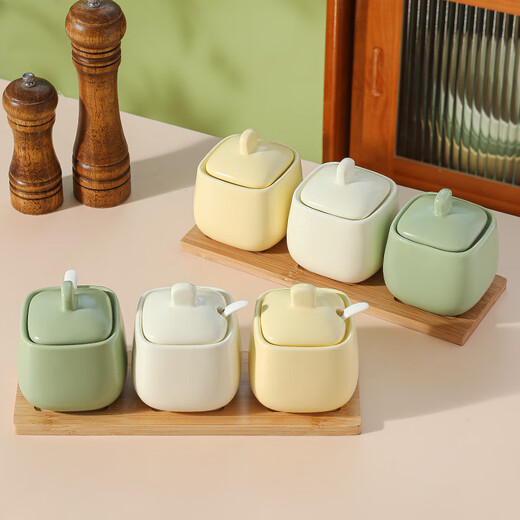 SUMEIJI salt shaker kitchen seasoning jar salt shaker ceramic Japanese seasoning jar combination household seasoning bottle small jar light luxury seasoning box three-color 3-pack seasoning jar tray with spoon
