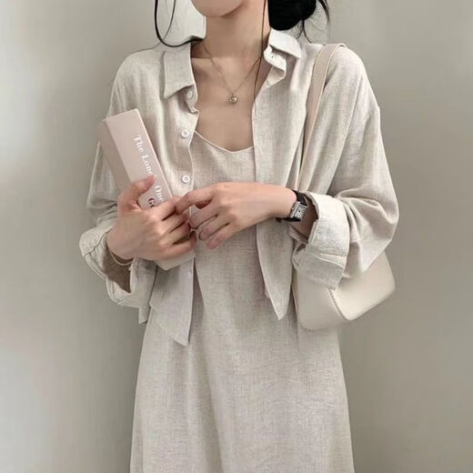GOCHIEI韩版chic夏季法式复古气质减龄性感吊带连衣裙+衬衫外套两件套女 杏色两件套 L