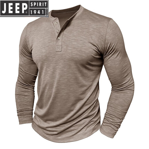 JEEP SPIRIT European and American tough guy Ami khaki American retro loose T-shirt cotton Henry collar long-sleeved inner layered shirt trendy men's military green XL
