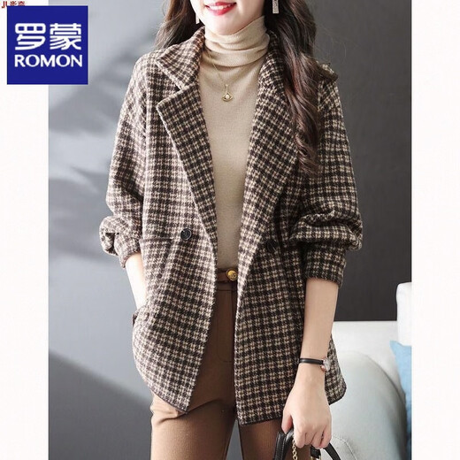 ROMON 2026 new autumn and winter velvet suit collar loose woolen jacket business casual mid-length versatile plaid top cotton thickened (version) M recommended 95-120 Jin Jin equals about 0.5 kg
