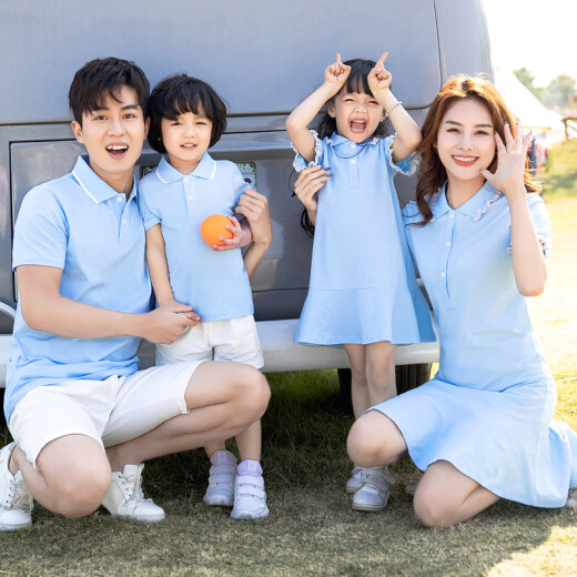 Lemon Fish parent-child outfit of three, family outfit, mother and daughter, mother and son, father and son, short-sleeved T-shirt, summer new dress, outdoor casual sports suit S143 blue top + white shorts dad XXL