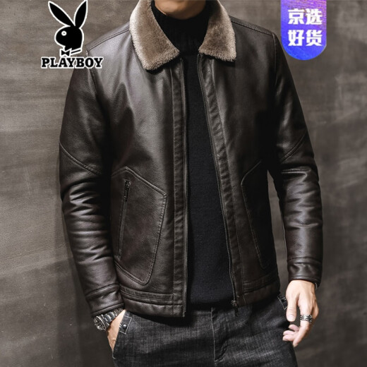 Playboy (PlayBoy) genuine leather men's fur all-in-one jacket Haining fur pie overcome winter velvet thickened imitation mink coat jacket 2053# Brown XL