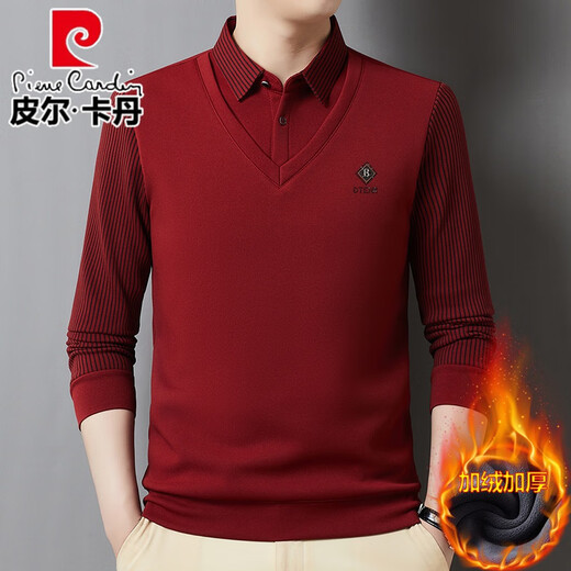 Pierre Cardin brand autumn and winter men's fake two-piece velvet collar striped casual pullover bottoming shirt men's top khaki 4XL 130-