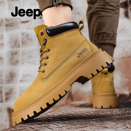 Jeep吉普高帮踢不烂大黄靴男秋冬新款休闲厚底马丁靴英伦风工装靴子男 土黄【标准运动鞋码】 40