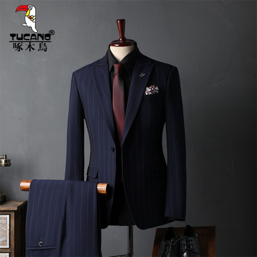 Woodpecker (TUCANO) Striped Suit Men's Full Groom's Suit British Style Groomsmen's Clothes Business Formal Wedding Suit Men's Black (suit + trousers) 50/L (112-125Jin Jin equals 0.5kg)