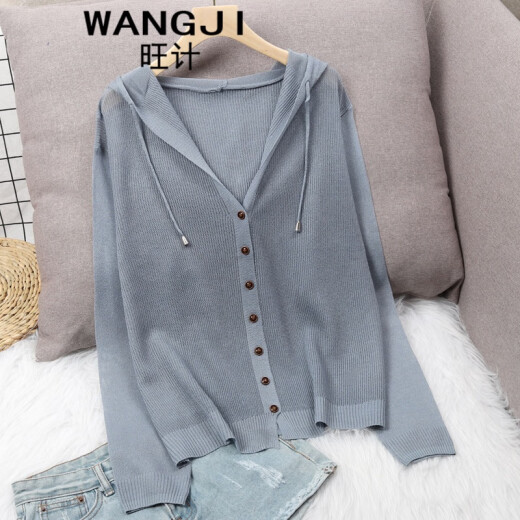 Wangji 2020 New Summer Knitted Cardigan Jacket Women's Hooded Top Ice Silk Thin Hollow Outer Style Jacket Blue XL