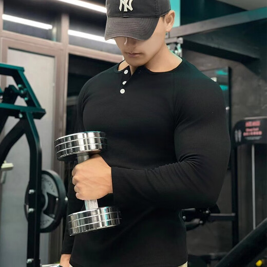 Dameitu (Dameitu) Henry shirt American long-sleeved threaded cotton retro American khaki men's raglan fitness show big Henry collar T-shirt sports black XL suitable for 60-70kg