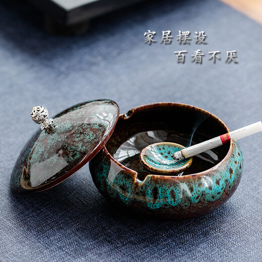 Jiaren Tiancheng ashtray fashion creative personality home living room office trend sealed self-extinguishing retro covered ceramic custom ashtray with cover-Black Zen style