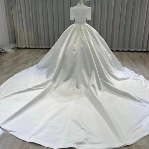 French satin wedding dress 2024 new bride main wedding dress simple and high-end mid-sleeve V-neck wedding dress with tail S